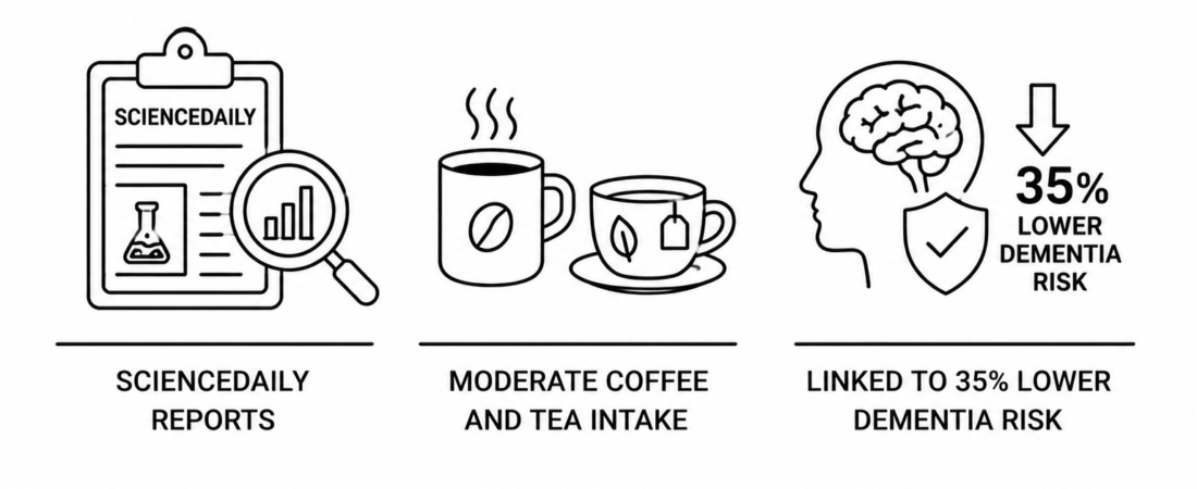 ScienceDaily Reports Moderate Coffee and Tea Intake Linked to 35% Lower Dementia Risk