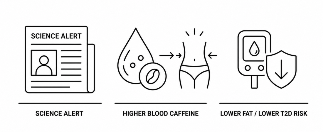 Science Alert Reports New Genetic Study Finds Higher Blood Caffeine Levels Linked to Lower Body Fat and Reduced Type 2 Diabetes Risk