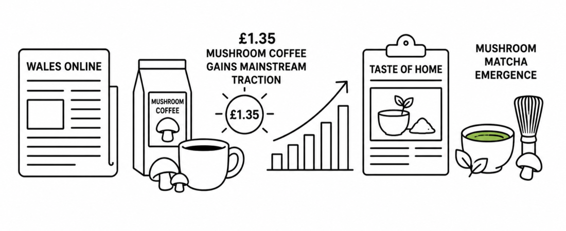 Wales Online Reports £1.35 Mushroom Coffee Gains Mainstream Traction as Taste of Home Documents Mushroom Matcha Emergence