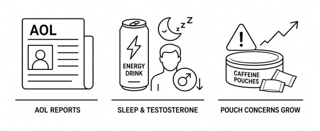AOL Reports Men’s Health Experts Warn Energy Drink Habit Damages Sleep and Testosterone as Caffeine Pouch Concerns Continue to Grow