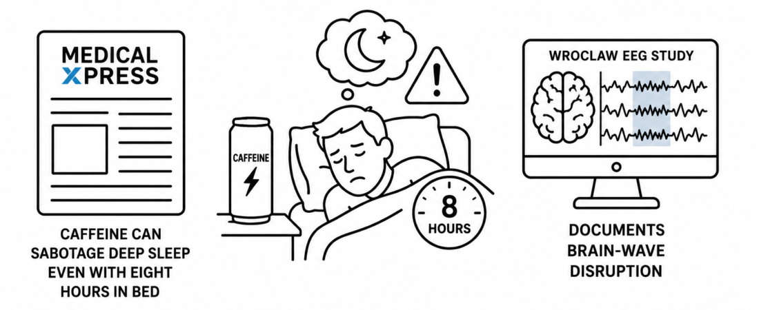 Medical Xpress Reports Caffeine Can Sabotage Deep Sleep Even With Eight Hours in Bed as Wroclaw EEG Study Documents Brain-Wave Disruption