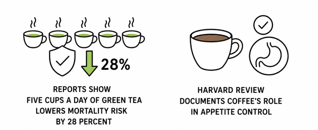 BBC Science Focus Reports Five Cups a Day of Green Tea Lowers Mortality Risk by 28 Percent as Harvard Review Documents Coffee’s Role in Appetite Control