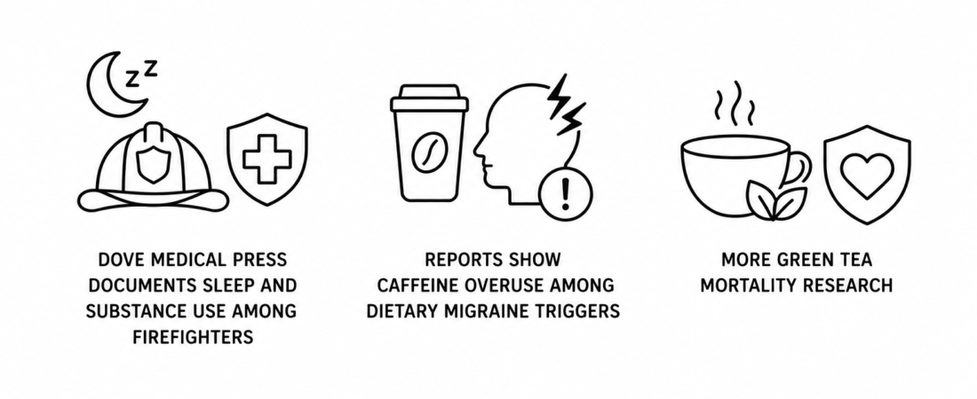 Dove Medical Press Documents Sleep and Substance Use Among Firefighters as MSN Reports Caffeine Overuse Among Dietary Migraine Triggers and BBC Extends Green Tea Mortality Research