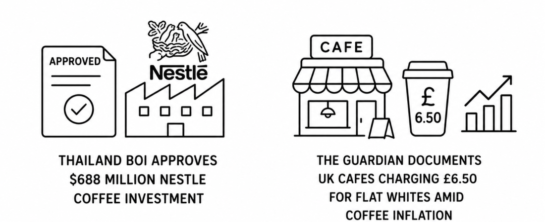 Thailand BOI Approves 688 Million Dollar Nestle Coffee Investment as The Guardian Documents UK Cafes Charging 6.50 Pounds for Flat Whites Amid Coffee Inflation
