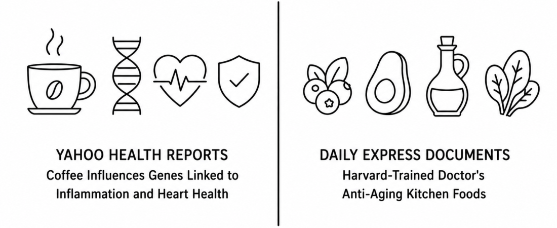 Yahoo Health Reports Coffee Influences Genes Linked to Inflammation and Heart Health as Daily Express Documents Harvard-Trained Doctor’s Anti-Aging Kitchen Foods
