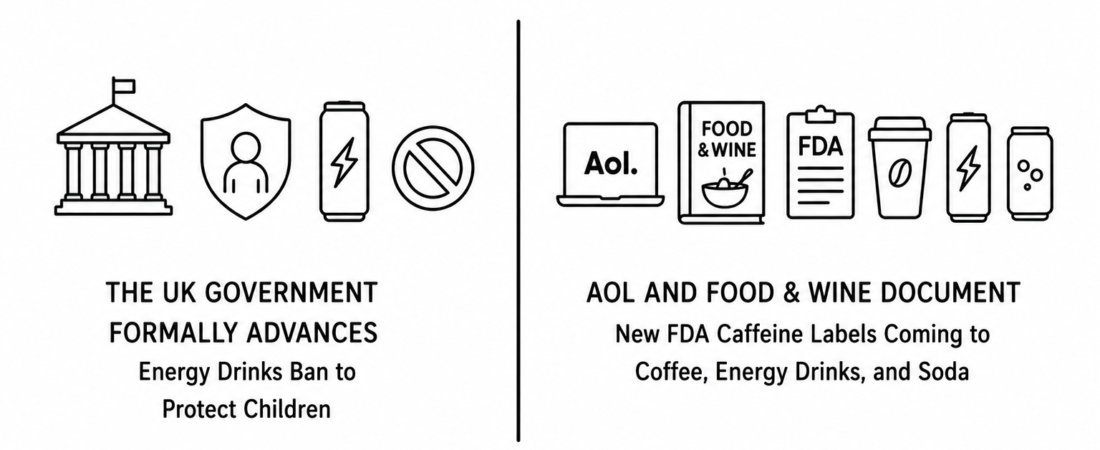 The UK Government Formally Advances Energy Drinks Ban to Protect Children as AOL and Food & Wine Document New FDA Caffeine Labels Coming to Coffee Energy Drinks and Soda