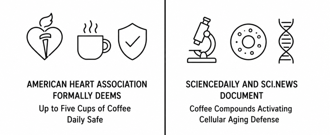 American Heart Association Formally Deems Up to Five Cups of Coffee Daily Safe as ScienceDaily and Sci.News Document Coffee Compounds Activating Cellular Aging Defense